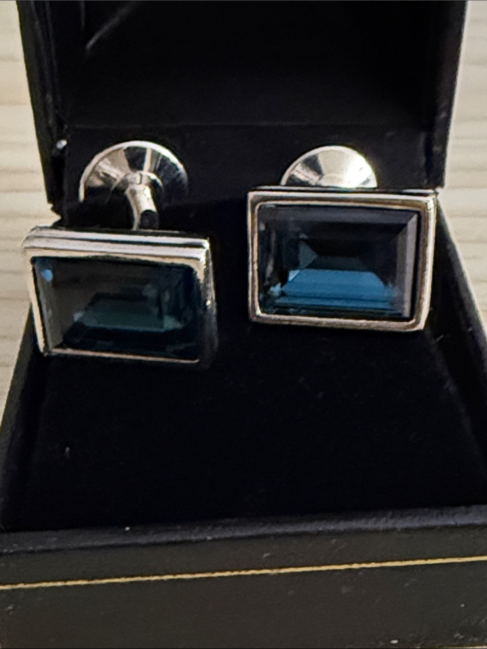 Swarovski Silver-Tone Cufflinks with Deep Blue Rectangular Stones